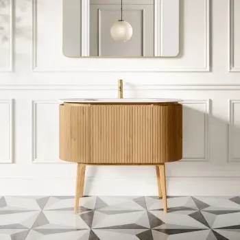 Positano Natural Oak Curved Vanity Unit & Matt White Stone Basin 1000mm