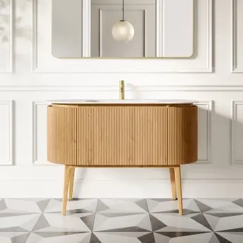 Positano Natural Oak Curved Vanity Unit & Matt White Stone Basin 1200mm