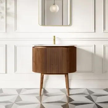 Positano Natural Walnut Curved Vanity Unit & Matt White Stone Basin 800mm