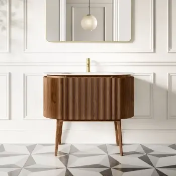 Positano Natural Walnut Curved Vanity Unit & Matt White Stone Basin 1000mm