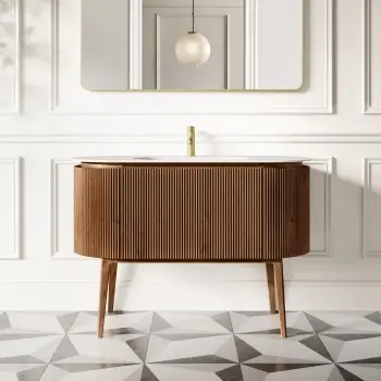 Positano Natural Walnut Curved Vanity Unit & Matt White Stone Basin 1200mm