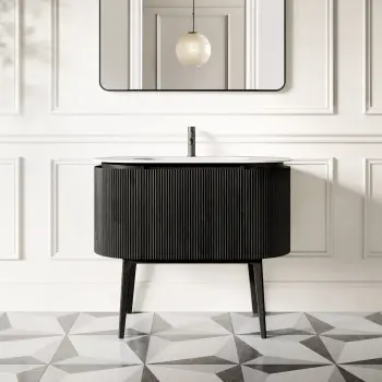 Positano Black Oak Curved Vanity Unit & Matt White Stone Basin 1000mm