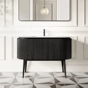 Positano Black Oak Curved Vanity Unit & Matt White Stone Basin 1200mm