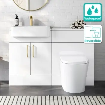 100% Waterproof - Harper Gloss White PVC Combination Vanity Basin and Boston Toilet 1200mm - Brushed Brass Accents