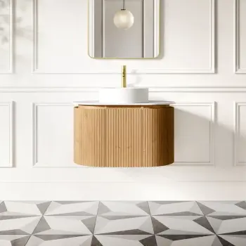 Positano Natural Oak Curved Wall Hung Vanity Drawer with Matt White Stone Top 800mm - Basin Not Included