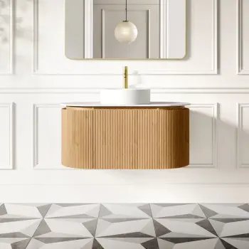 Positano Natural Oak Curved Wall Hung Vanity Drawer with Matt White Stone Top 1000mm - Basin Not Included
