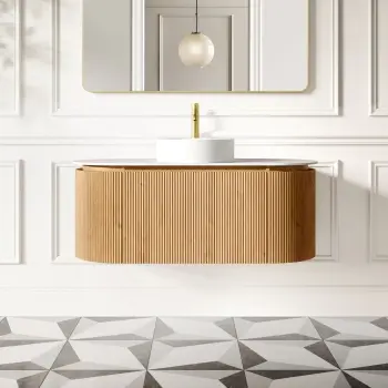 Positano Natural Oak Curved Wall Hung Vanity Drawer with Matt White Stone Top 1200mm - Basin Not Included