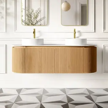 Positano Natural Oak Curved Wall Hung Vanity Drawer with Matt White Stone Top 1500mm - Basin Not Included