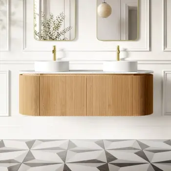 Positano Natural Oak Curved Wall Hung Vanity Drawer with Carrara Marble Top 1500mm - Basin Not Included