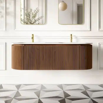 Positano Natural Walnut Curved Wall Hung Basin Drawer Vanity 1500mm