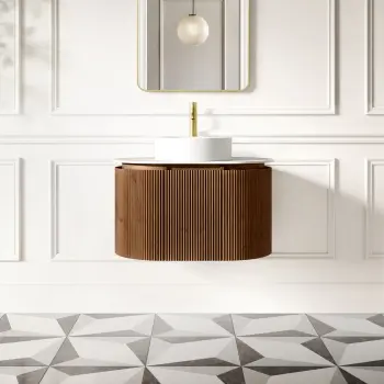 Positano Natural Walnut Curved Wall Hung Vanity Drawer with Matt White Stone Top 800mm - Basin Not Included