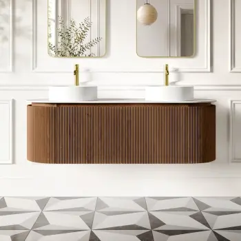 Positano Natural Walnut Curved Wall Hung Vanity Drawer with Matt White Stone Top 1500mm - Basin Not Included