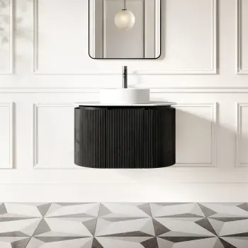 Positano Black Oak Curved Wall Hung Vanity Drawer with Matt White Stone Top 800mm - Basin Not Included