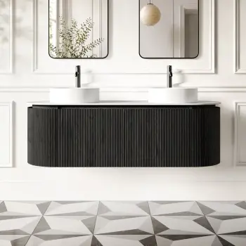 Positano Black Oak Curved Wall Hung Vanity Drawer with Matt White Stone Top 1500mm - Basin Not Included