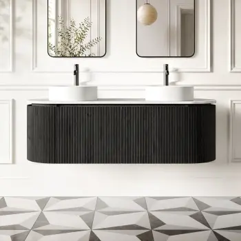 Positano Black Oak Curved Wall Hung Vanity Drawer with Carrara Marble Top 1500mm - Basin Not Included