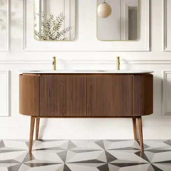 Positano Natural Walnut Curved Vanity Unit & Matt White Double Stone Basin 1500mm