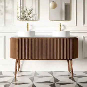 Positano Natural Walnut Curved Vanity Unit with Carrara Marble Top 1500mm - Basin Not Included