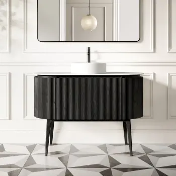 Positano Black Oak Curved Vanity Unit with Matt White Stone Top 1200mm - Basin Not Included