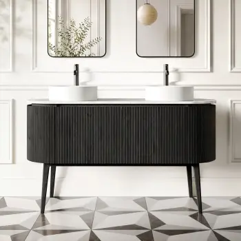 Positano Black Oak Curved Vanity Unit with Carrara Marble Top 1500mm - Basin Not Included