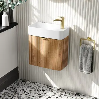 Cayman Natural Oak Cloakroom Wall Hung Slimline Basin Vanity 440mm - Brushed Brass Accents