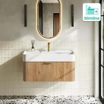Cayman Natural Oak Wall Hung Slimline Basin Drawer Vanity 800mm - Brushed Brass Accents