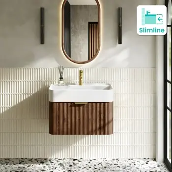 Cayman Natural Walnut Wall Hung Slimline Basin Drawer Vanity 600mm - Brushed Brass Accents