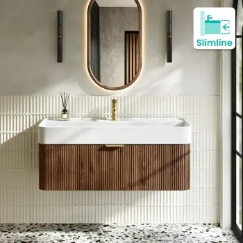 Cayman Natural Walnut Wall Hung Slimline Basin Drawer Vanity 1000mm - Brushed Brass Accents