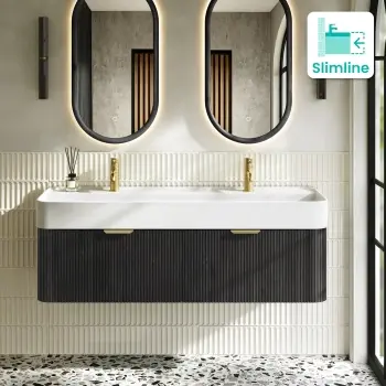 Cayman Black Oak Wall Hung Slimline Basin Drawer Vanity 1200mm - Brushed Brass Accents