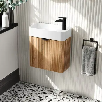 Cayman Natural Oak Cloakroom Wall Hung Slimline Basin Vanity 440mm - Black Accents