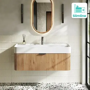 Cayman Natural Oak Wall Hung Slimline Basin Drawer Vanity 1000mm - Black Accents