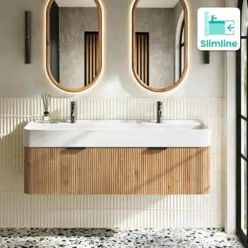 Cayman Natural Oak Wall Hung Slimline Basin Drawer Vanity 1200mm - Black Accents