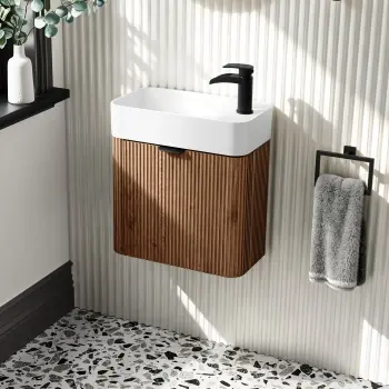 Cayman Natural Walnut Cloakroom Wall Hung Slimline Basin Vanity 440mm - Black Accents