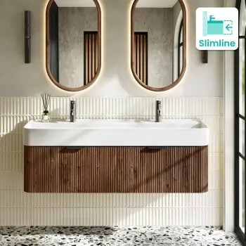 Cayman Natural Walnut Wall Hung Slimline Basin Drawer Vanity 1200mm - Black Accents