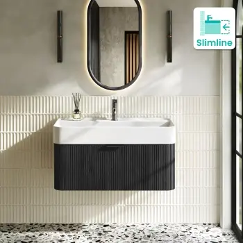 Cayman Black Oak Wall Hung Slimline Basin Drawer Vanity 800mm - Black Accents
