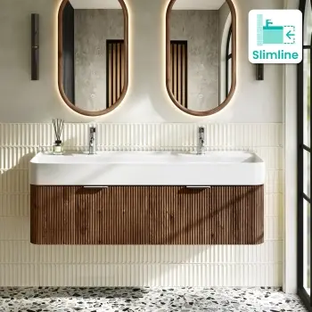 Cayman Natural Walnut Wall Hung Slimline Basin Drawer Vanity 1200mm - Chrome Handle