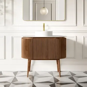 Positano Natural Walnut Curved Vanity Unit with Matt White Stone Top 1000mm - Basin Not Included