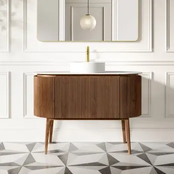 Positano Natural Walnut Curved Vanity Unit with Matt White Stone Top 1200mm - Basin Not Included