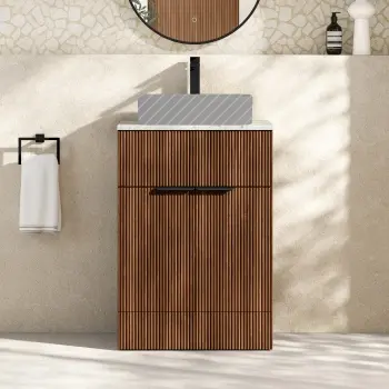 Havana Fluted Black Walnut Cabinet with Marble Top 600mm (Excludes Counter Top Basin) - Black Accents