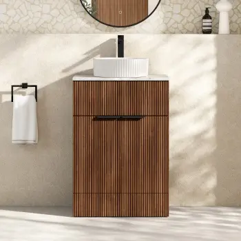 Havana Fluted Black Walnut Cabinet with Marble Top & Nevis Basin 600mm - Black Accents