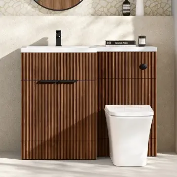Havana Fluted Black Walnut Combination Vanity Basin and Houston Toilet 1100mm - Black Accents - Left Handed