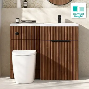 Havana Fluted Black Walnut Combination Vanity Basin and Utah Comfort Height Toilet 1100mm - Black Accents - Right Handed