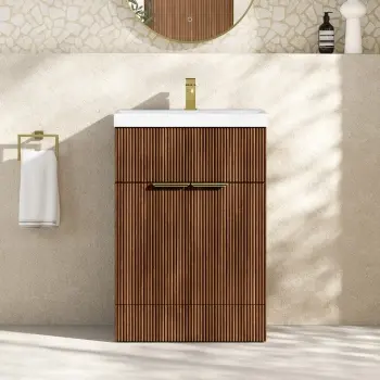 Havana Fluted Black Walnut Basin Vanity 600mm - Brushed Brass Accents