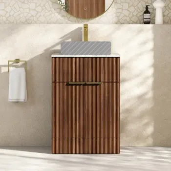 Havana Fluted Black Walnut Cabinet with Marble Top 600mm (Excludes Counter Top Basin) - Brushed Brass Accents