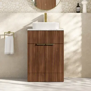 Havana Fluted Black Walnut Cabinet with Marble Top & Reno Basin 600mm - Brushed Brass Accents