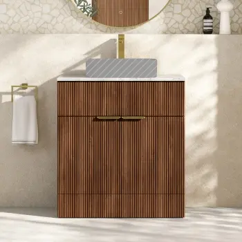 Havana Fluted Black Walnut Cabinet with Marble Top 800mm (Excludes Counter Top Basin) - Brushed Brass Accents