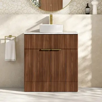 Havana Fluted Black Walnut Cabinet with Marble Top & Nevis Basin 800mm - Brushed Brass Accents