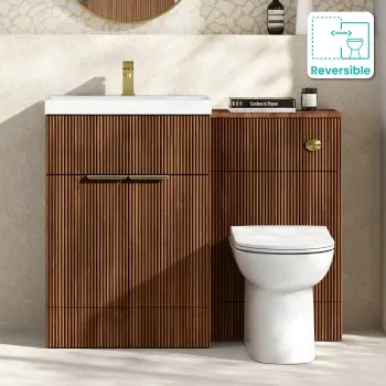 Havana Fluted Black Walnut Combination Vanity Basin and Aruba Toilet 1100mm - Brushed Brass Accents