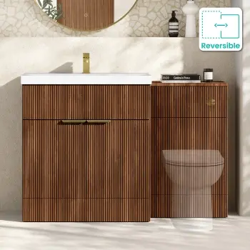 Havana Fluted Black Walnut Basin Vanity and Back To Wall Toilet Unit 1300mm (Excludes Toilet) - Brushed Brass Accents