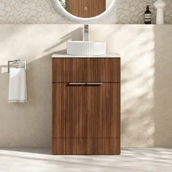 Havana Fluted Black Walnut Cabinet with Marble Top & Nevis Basin 600mm - Chrome Handles