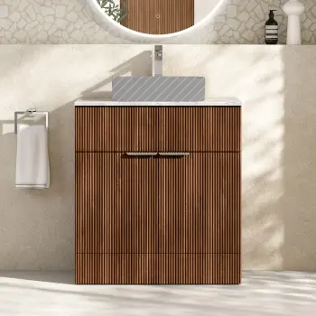 Havana Fluted Black Walnut Cabinet with Marble Top 800mm (Excludes Counter Top Basin) - Chrome Handles